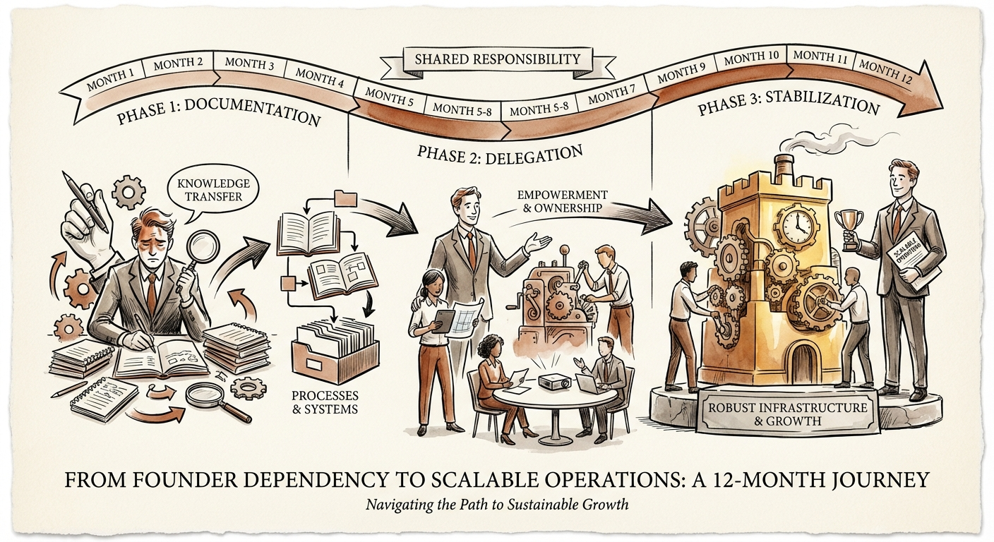 A 12-month timeline graphic showing the phases of founder extraction: Documentation, Delegation, and Stabilization.