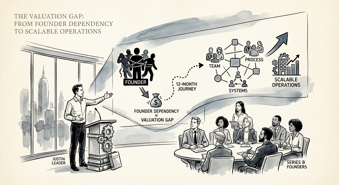 Justin Leader explaining the valuation gap caused by founder dependency to a group of Series B founders.
