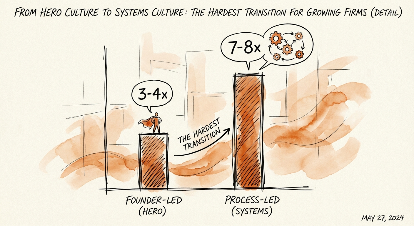 Bar chart comparing valuation multiples of founder-led firms
(3-4x) versus process-led firms (7-8x).