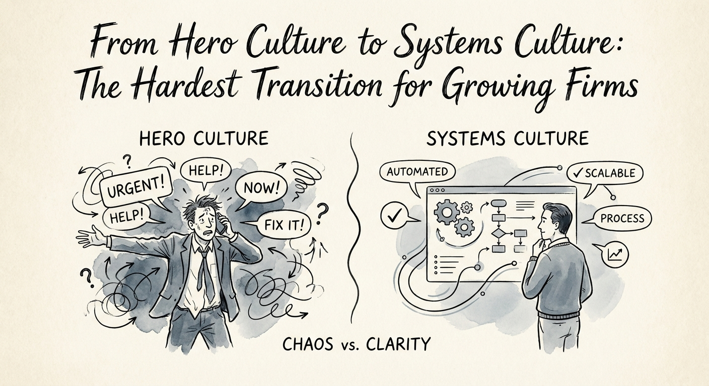 A split screen graphic showing a stressed founder surrounded by chaotic requests versus a calm founder looking at a dashboard of automated systems.