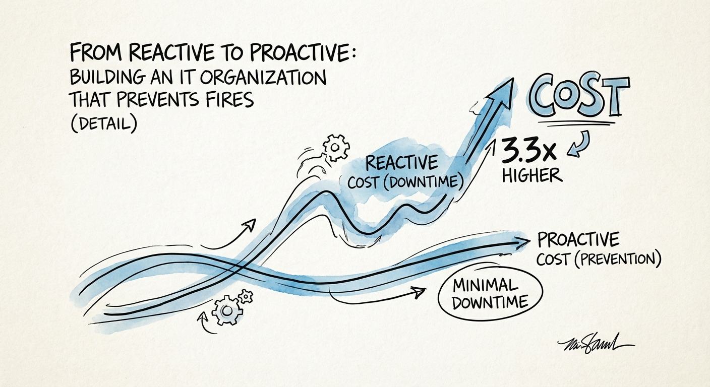 A chart comparing the cost of reactive vs proactive maintenance,
showing a 3.3x difference in downtime.