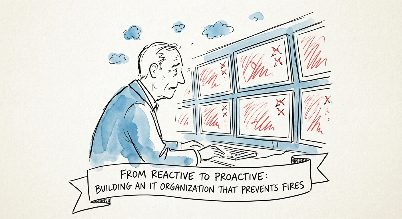 A stressed CIO looking at a wall of red monitors in a server room, representing the reactive IT trap.