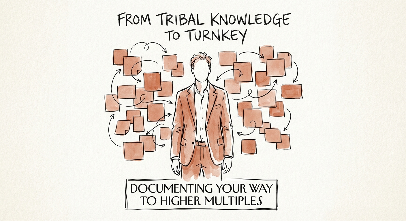 Founder looking at a wall of disorganized post-it notes representing tribal knowledge