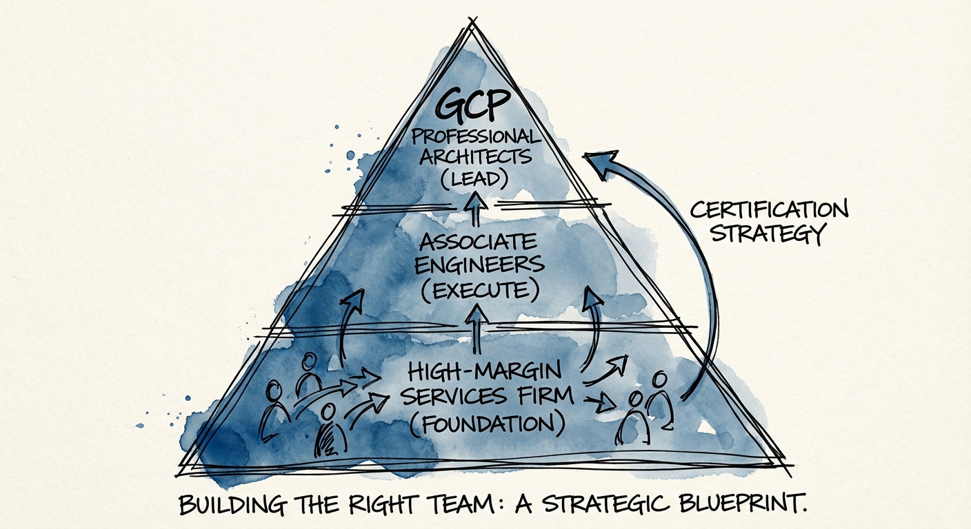 A strategic pyramid diagram showing the optimal ratio of GCP Professional Architects to Associate Engineers for a high-margin services firm.
