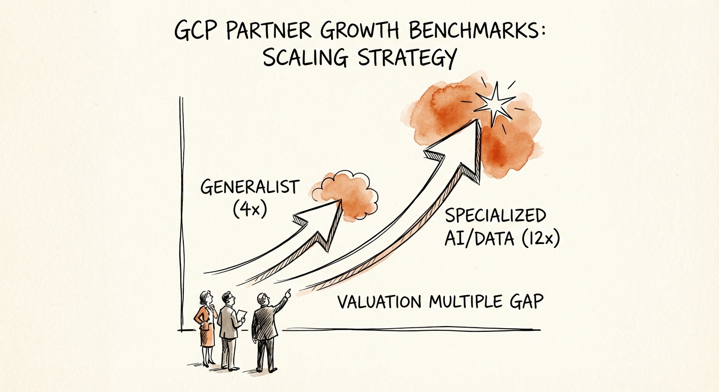 Graph showing the valuation multiple gap between generalist GCP partners (4x) and specialized AI/Data partners (12x).
