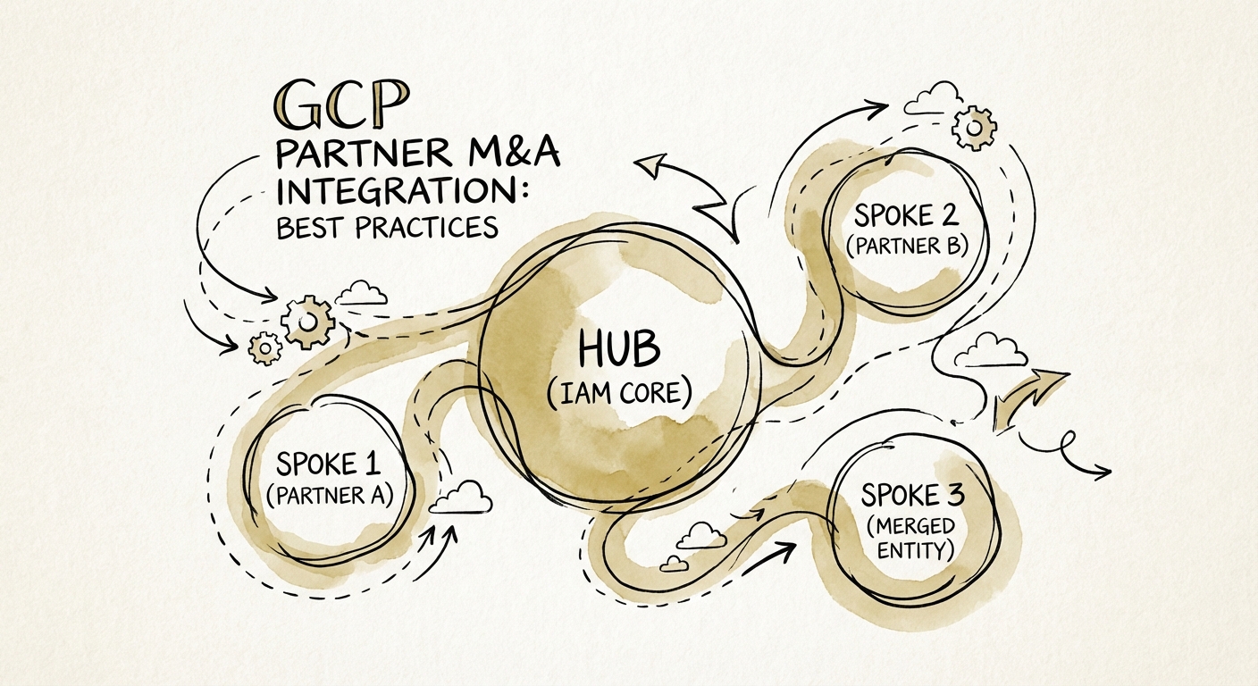 Diagram showing the Hub and Spoke IAM model for integrating Google Cloud environments post-merger.