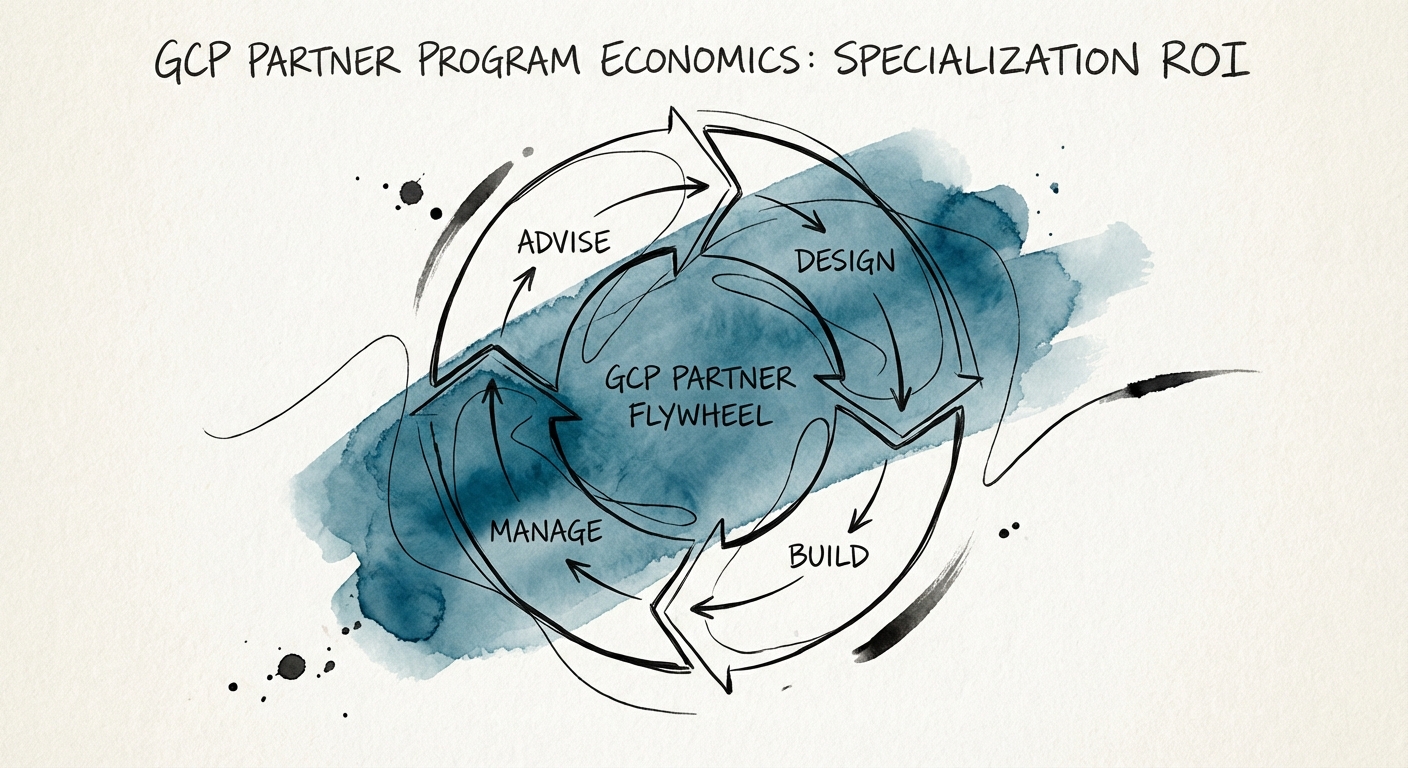 The Google Cloud Partner Flywheel illustrating value distribution across Advise, Design, Build, and Manage phases.