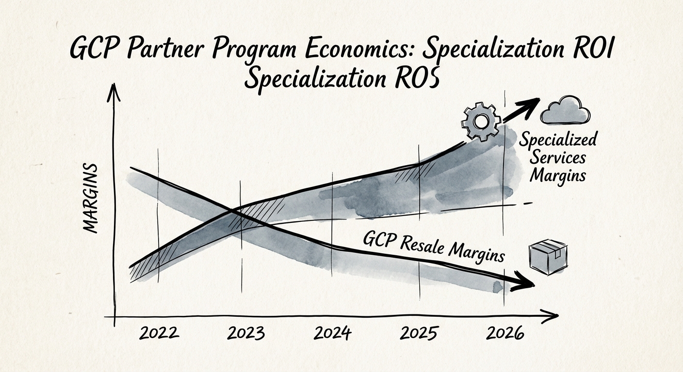 Graph showing the widening gap between GCP Resale Margins (declining) and Specialized Services Margins (increasing) from 2022 to 2026.