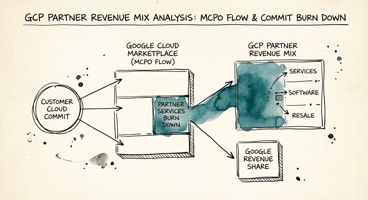 Diagram illustrating the Google Cloud Marketplace Channel Private Offer (MCPO) flow, showing how partner services burn down customer cloud commits.