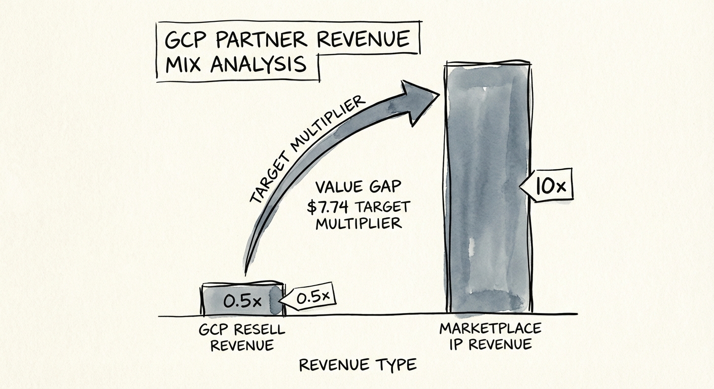 Chart showing the valuation gap between GCP Resell Revenue (0.5x) and Marketplace IP Revenue (10x), highlighting the $7.74 multiplier target.