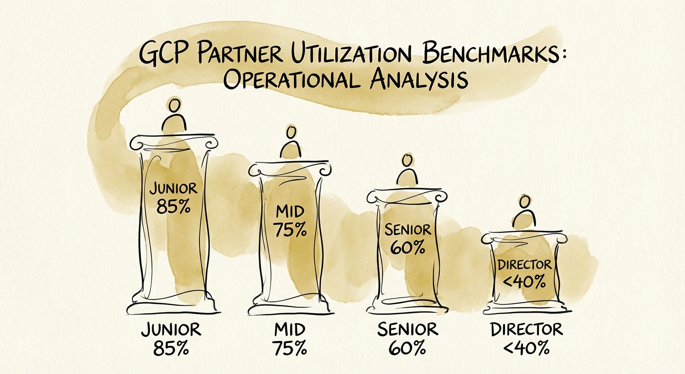 Chart displaying ideal utilization targets by role: Junior (85%), Mid (75%), Senior (60%), Director (<40%).