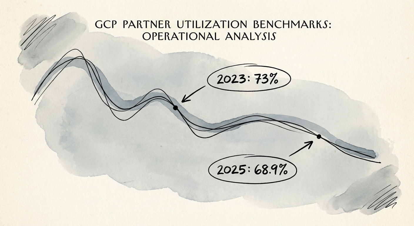 Graph showing the decline of average professional services billable utilization from 73% in 2023 to 68.9% in 2025.