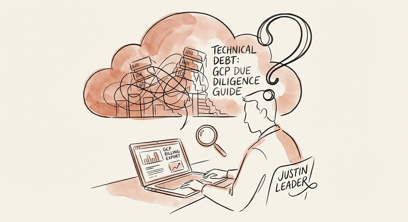 Justin Leader reviewing Google Cloud billing export data for M&A due diligence.