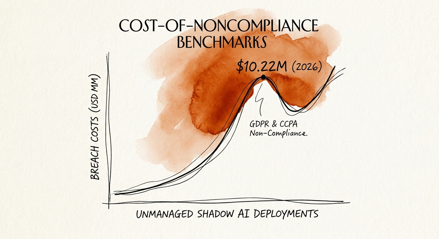 Graph illustrating the correlation between unmanaged shadow AI deployments and record-breaking $10.22M data breach costs in 2026.