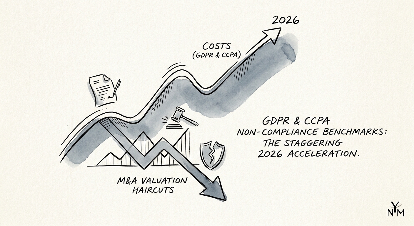Chart showing the staggering 2026 acceleration of GDPR and CCPA non-compliance costs and associated M&A valuation haircuts.