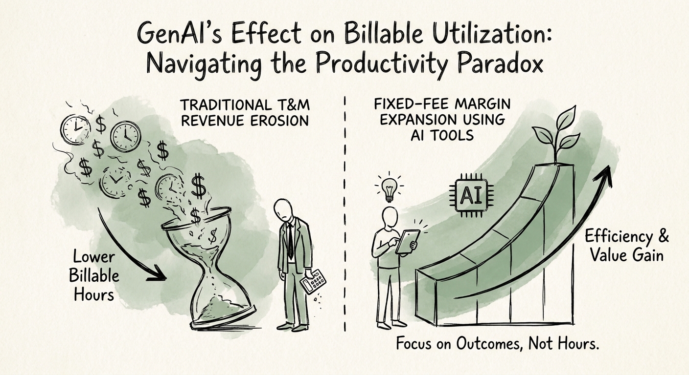 Utilization model showing AI productivity, pricing, staffing, scope, and margin management.