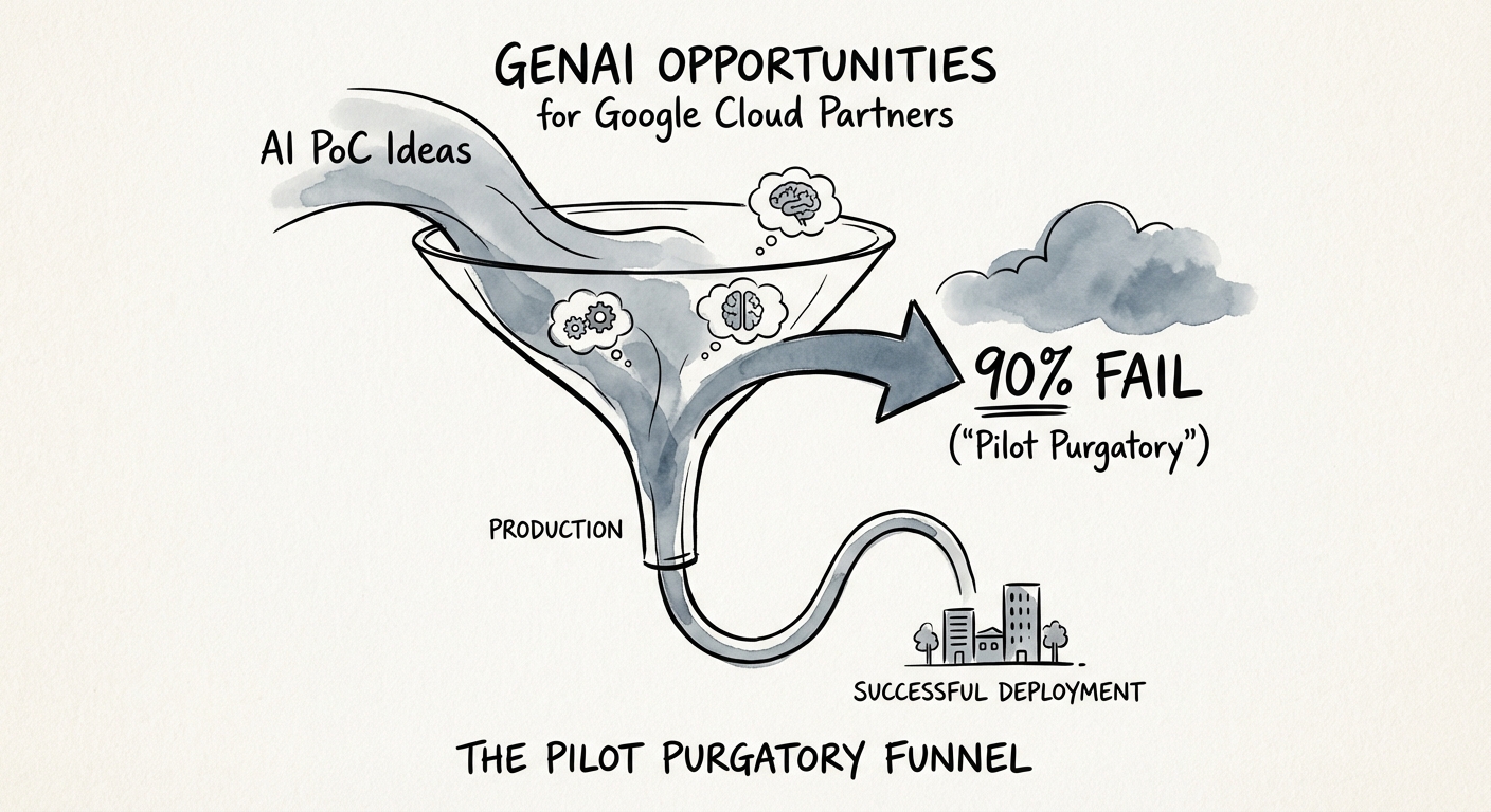 Diagram illustrating the 'Pilot Purgatory' funnel where 90% of AI PoCs fail to reach production.
