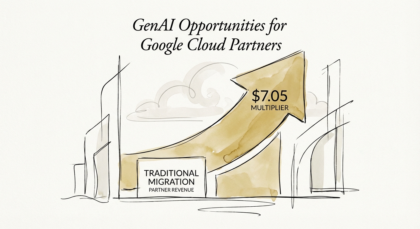 Graph showing the $7.05 partner revenue multiplier for Google Cloud GenAI services versus traditional migration services.