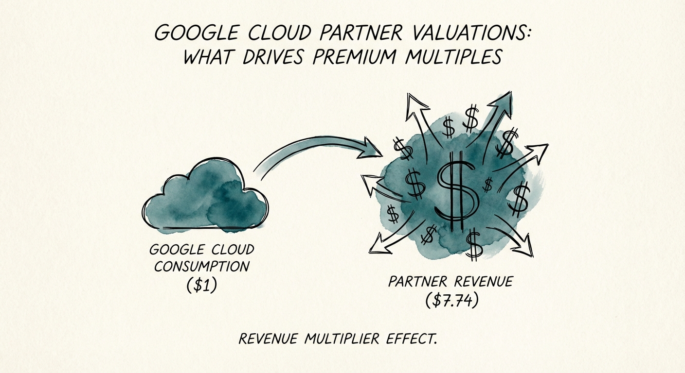Chart illustrating the revenue multiplier effect: partners generating $7.74 for every $1 of Google Cloud consumption sold
