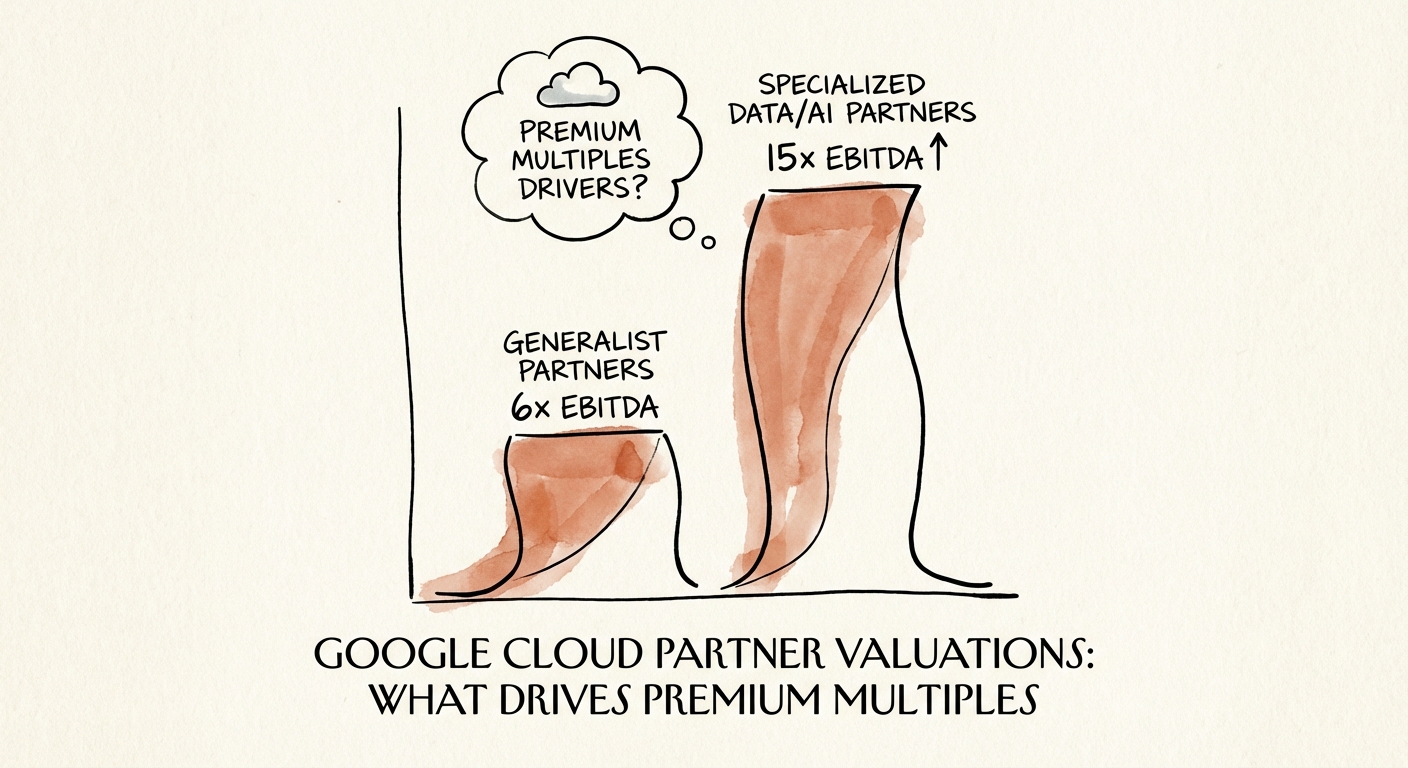 Graph showing the valuation gap between generalist Google Cloud partners at 6x EBITDA and specialized Data/AI partners at 15x EBITDA