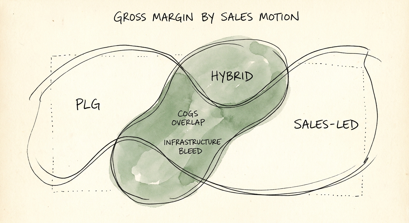 Diagram showing the COGS overlap and infrastructure bleed in a hybrid sales motion.