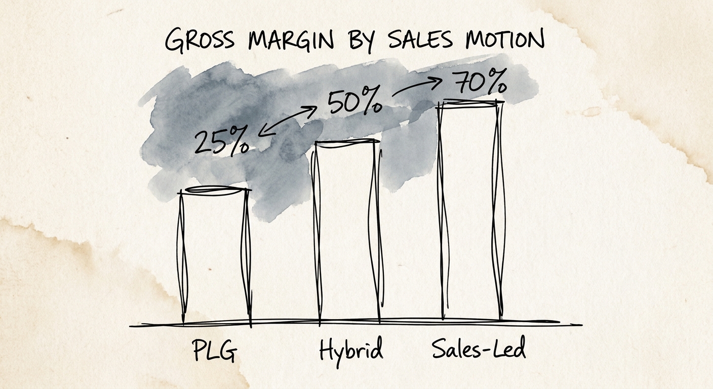 Bar chart comparing gross margins across PLG, Hybrid, and Sales-Led motions in B2B SaaS.