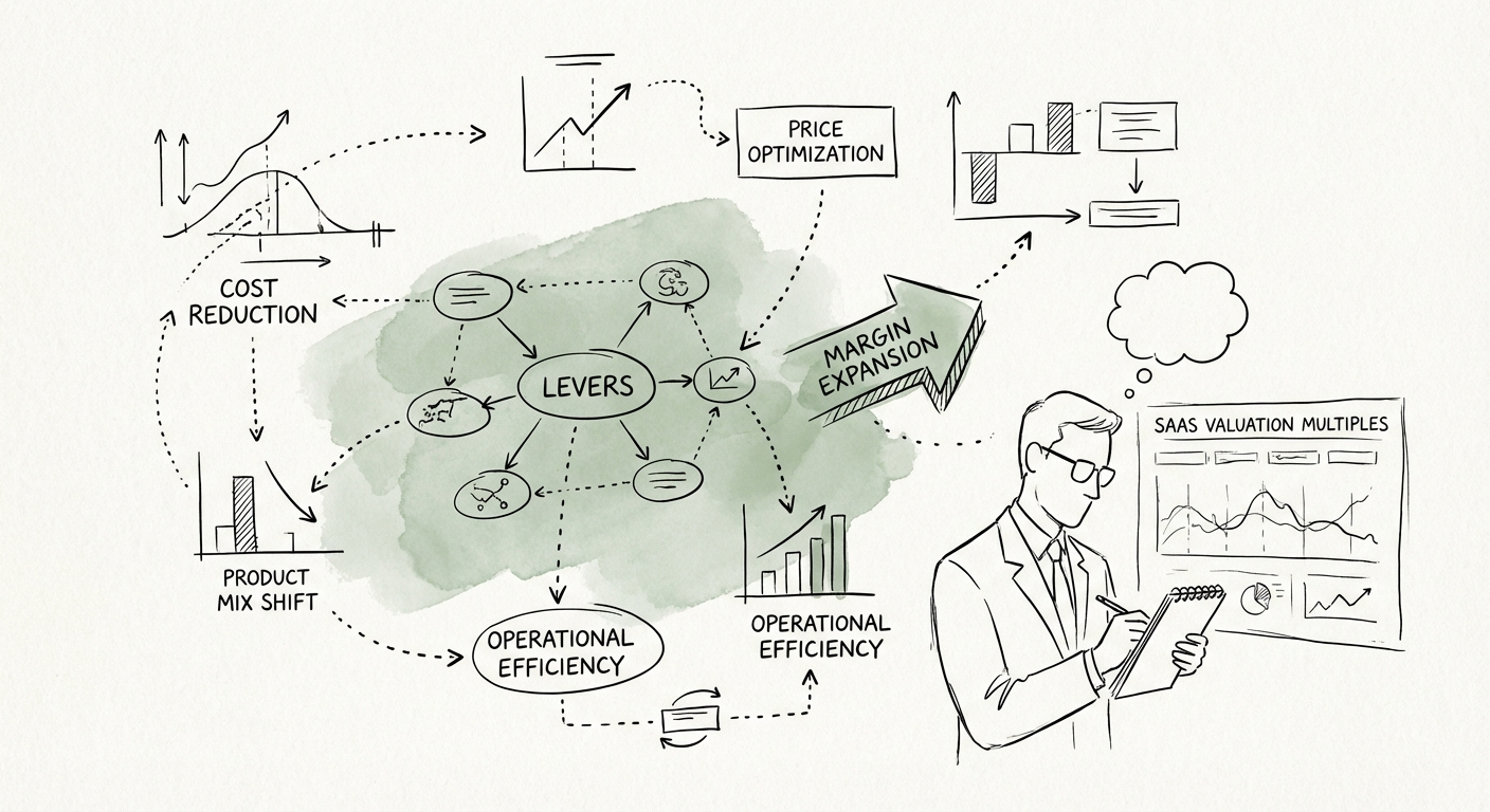 Private Equity Operating Partner analyzing gross margin expansion levers and SaaS valuation multiples dashboard.