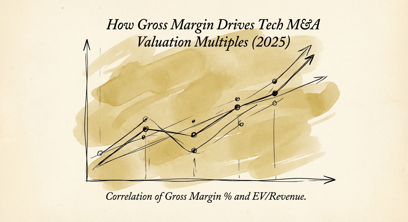 Chart showing the correlation between Gross Margin percentage and EV/Revenue valuation multiples in 2025 tech M&A.