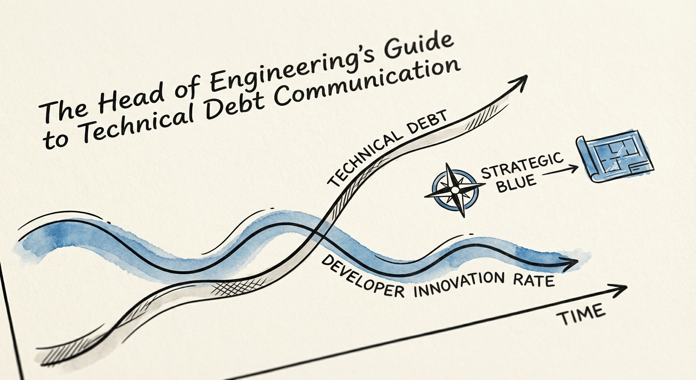 Head of Engineering presenting technical debt metrics to a CEO and Board using a financial impact chart.