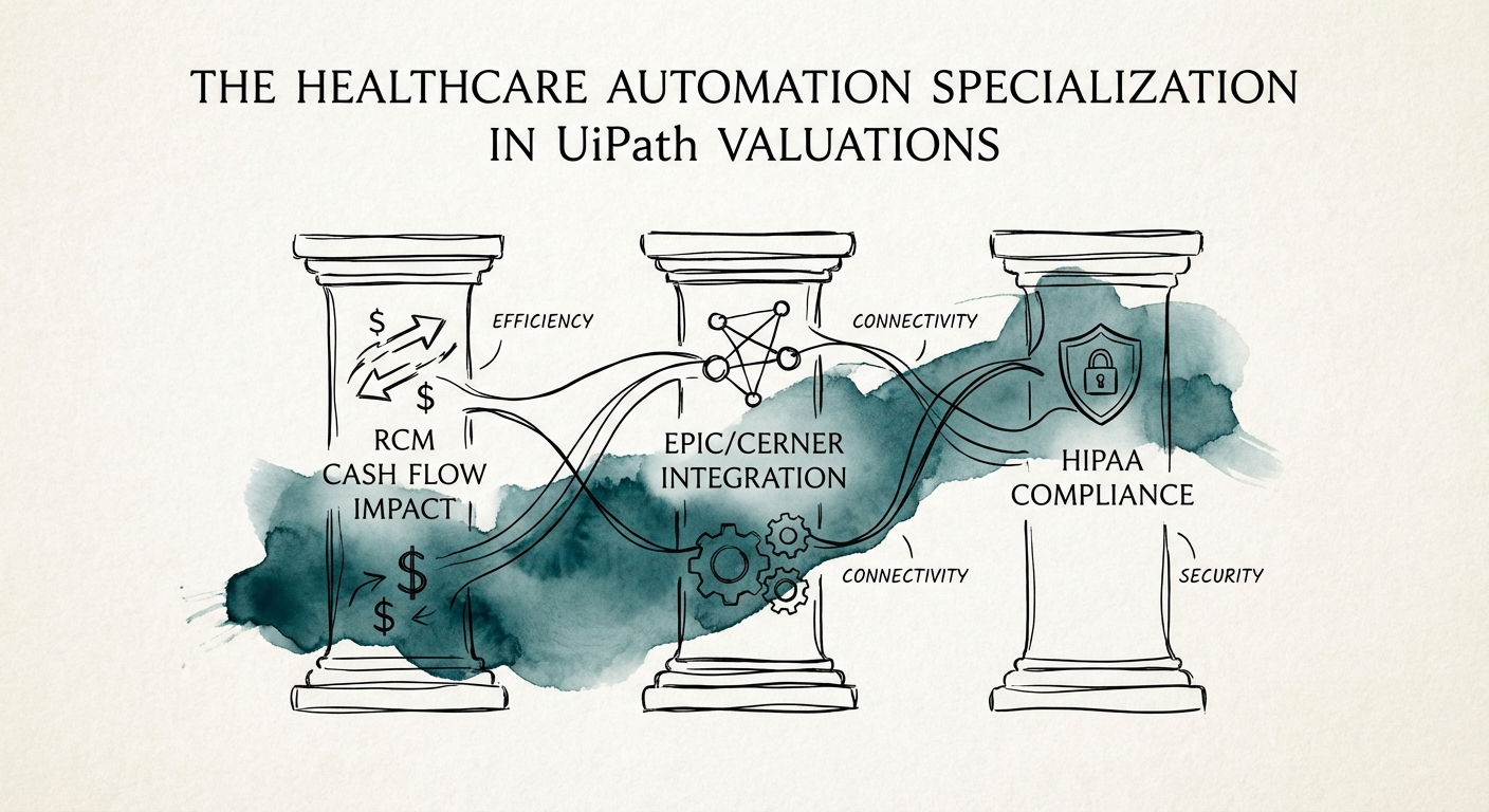 Diagram illustrating the three pillars of healthcare automation valuation: RCM Cash Flow impact, Epic/Cerner Integration, and HIPAA Compliance.