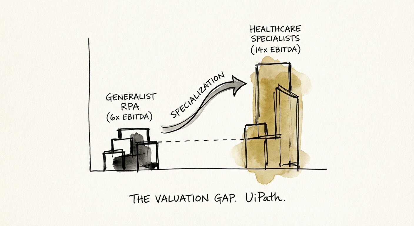 Graph showing the valuation multiple gap between generalist RPA firms at 6x EBITDA and healthcare automation specialists at 14x EBITDA.