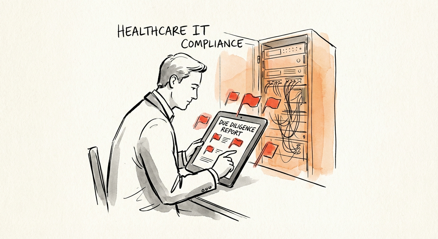 Private Equity executive reviewing healthcare due diligence report on a tablet with red flag indicators overlaying a server room background