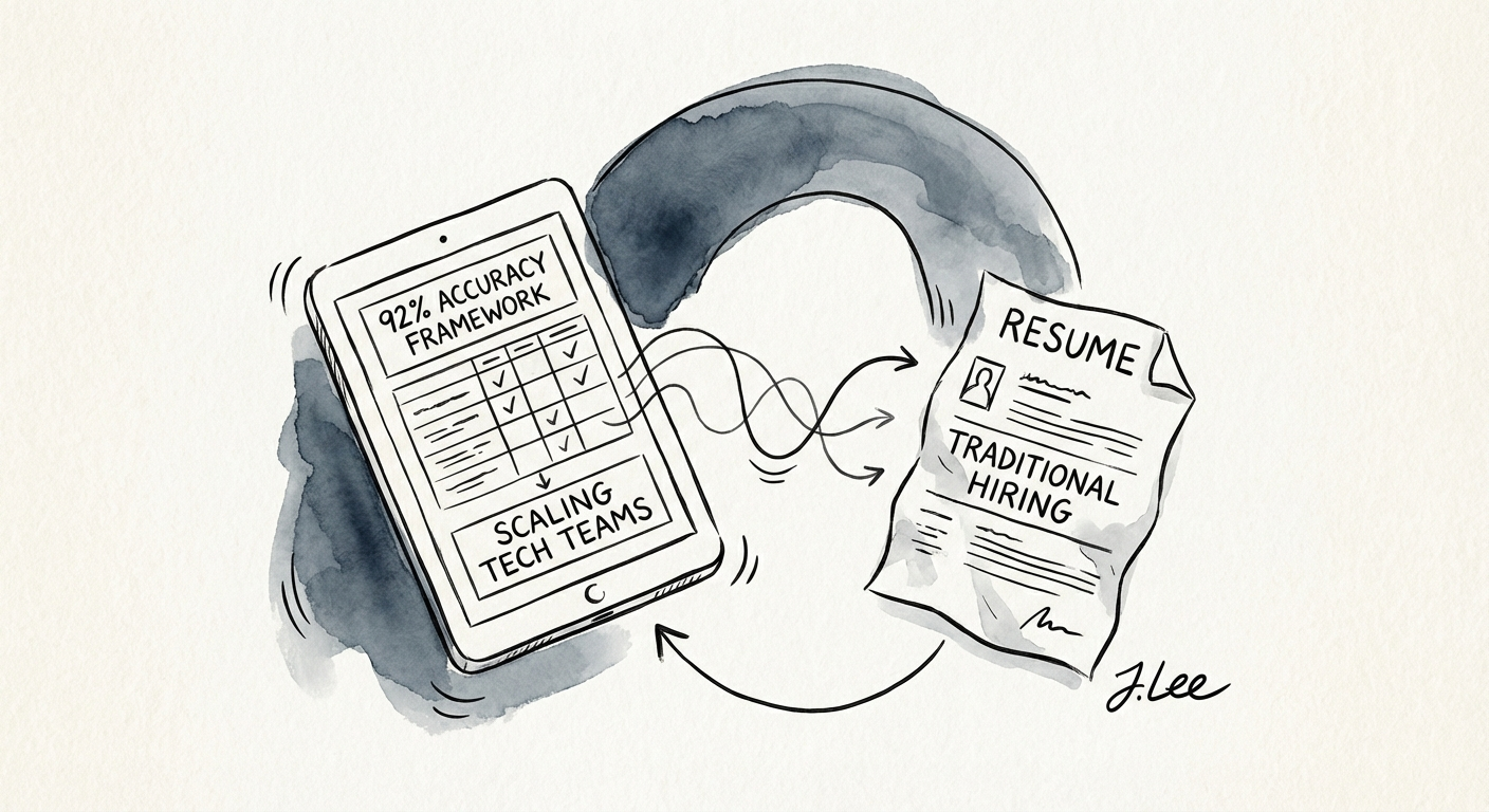 A structured hiring scorecard on a tablet compared with a resume, symbolizing data-driven hiring