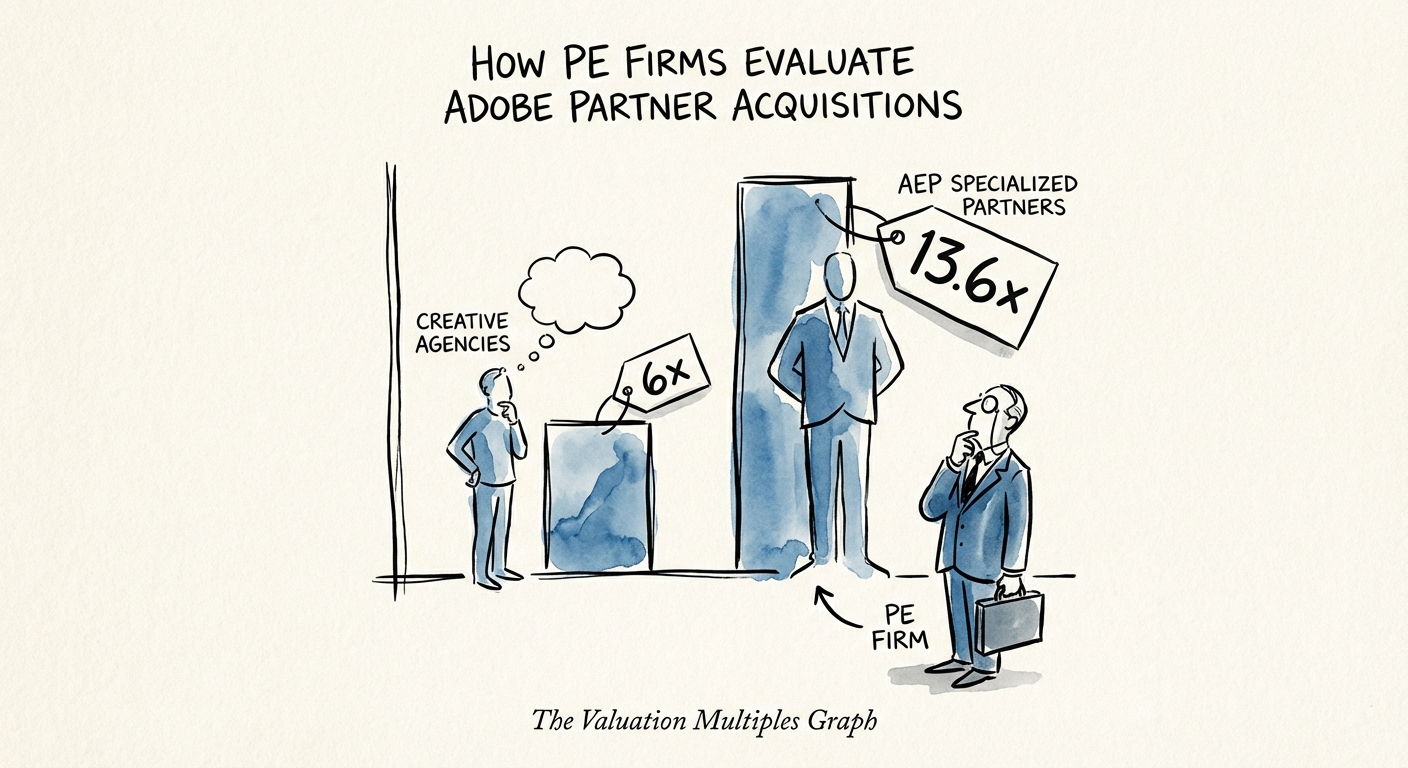 Graph showing valuation multiples for Adobe Partners: Creative Agencies at 6x versus AEP Specialized Partners at 13.6x.