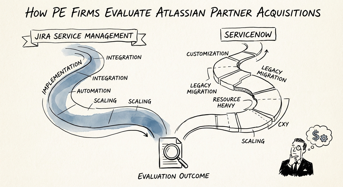 Diagram comparing Jira Service Management implementation timeline vs ServiceNow
