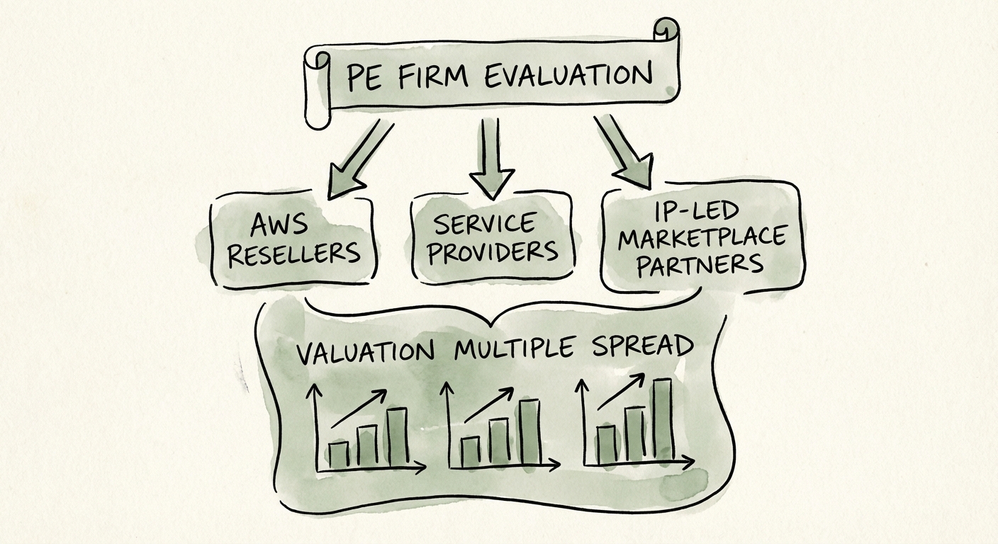 Chart showing the valuation multiple spread between AWS Resellers, Service Providers, and IP-Led Marketplace Partners.