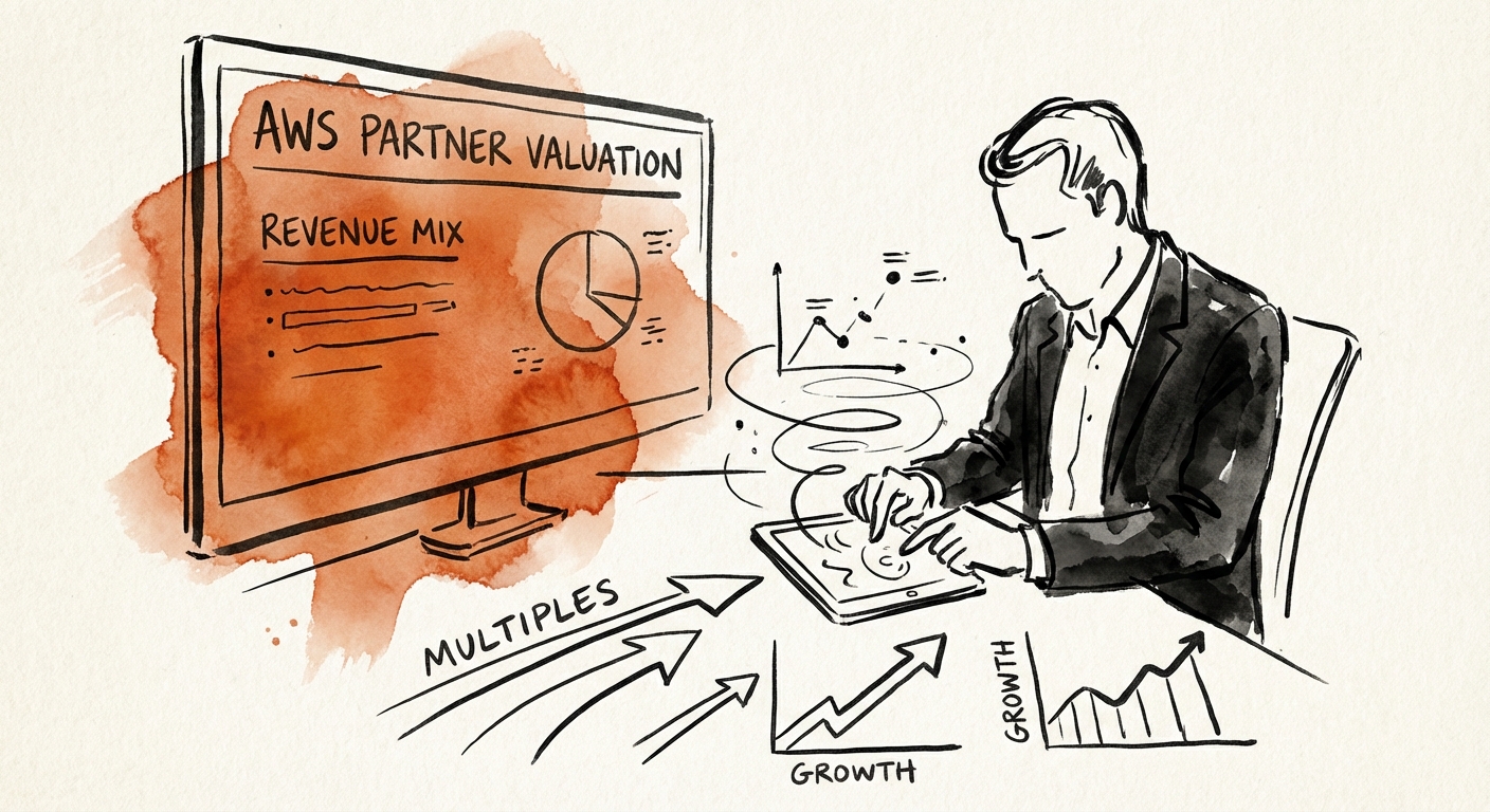 Private Equity executive analyzing AWS partner valuation multiples and revenue mix on a digital dashboard.