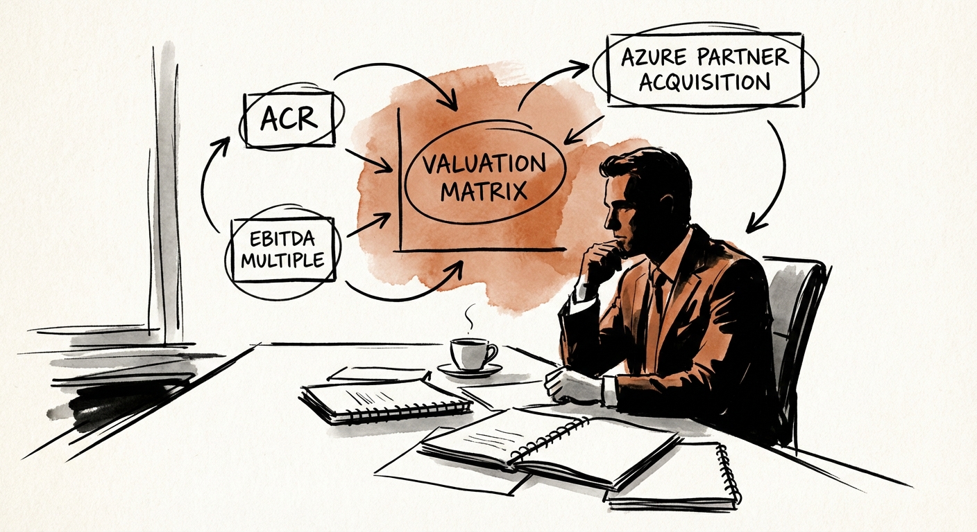 Private Equity executive analyzing a valuation matrix for Azure partner acquisitions, highlighting ACR and EBITDA multiples.