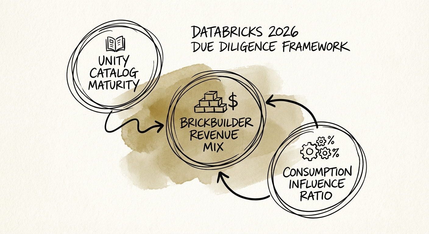 Diagram of the Databricks 2026 Due Diligence Framework: Unity Catalog Maturity, Brickbuilder Revenue Mix, and Consumption Influence Ratio.