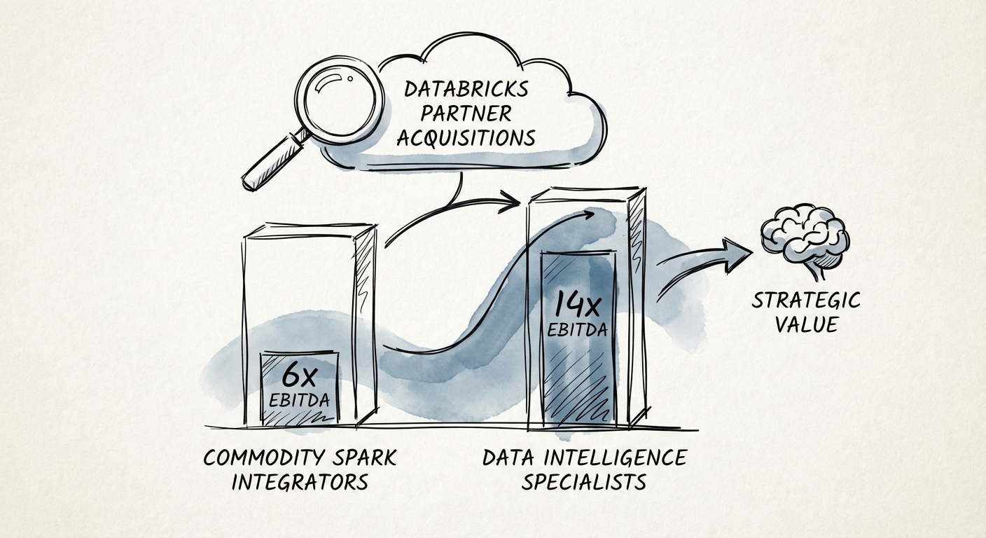 Chart showing valuation multiples of Databricks partners: Commodity Spark Integrators at 6x EBITDA vs. Data Intelligence Specialists at 14x EBITDA.