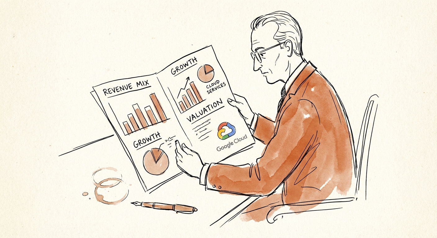Private Equity executive analyzing a Google Cloud Partner valuation dashboard with revenue mix charts