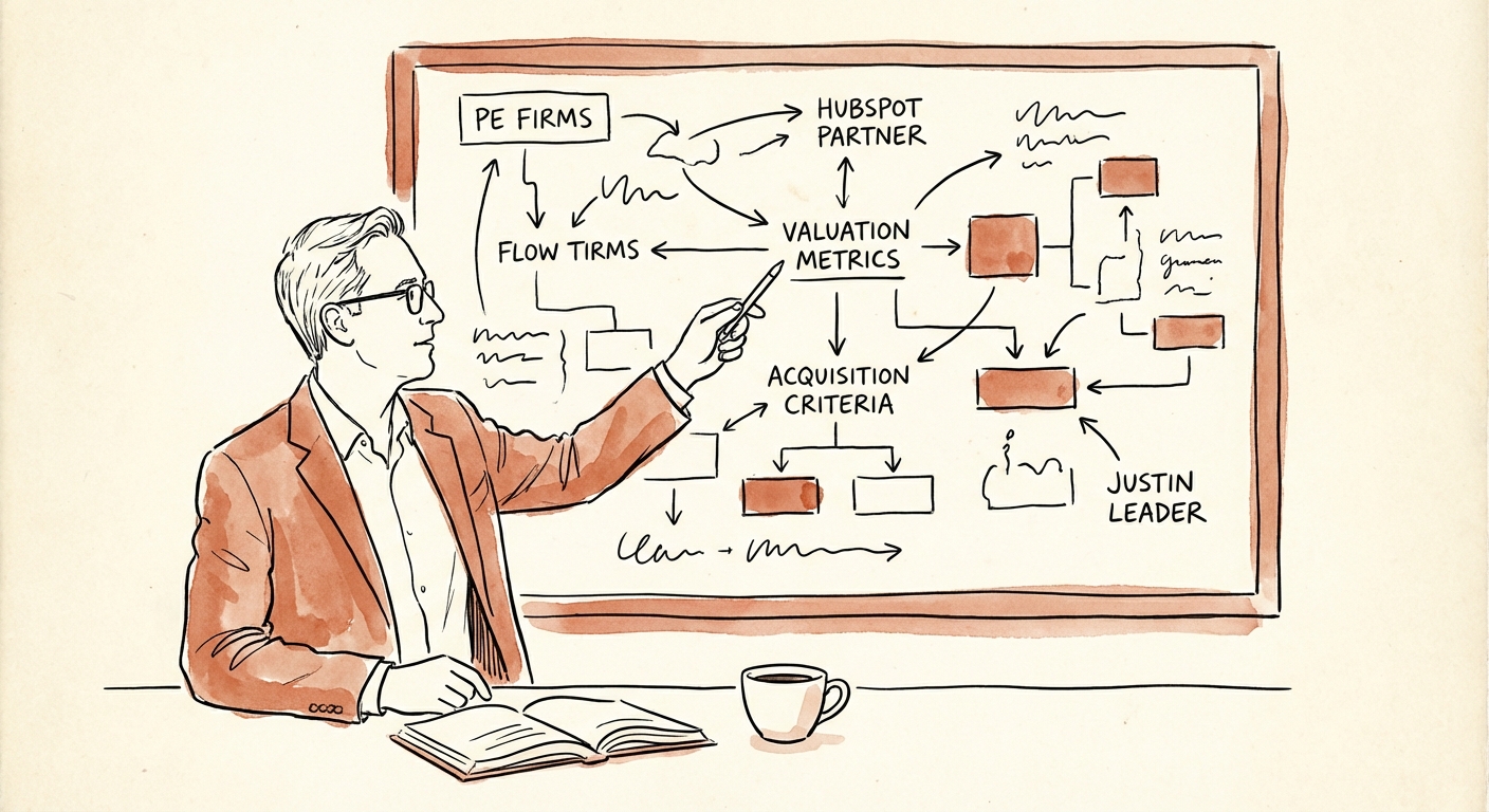 Justin Leader analyzing HubSpot partner valuation metrics on a whiteboard