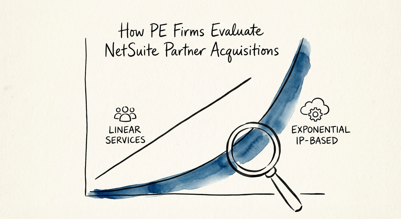 Chart contrasting linear services revenue vs exponential IP-based revenue in NetSuite partners.