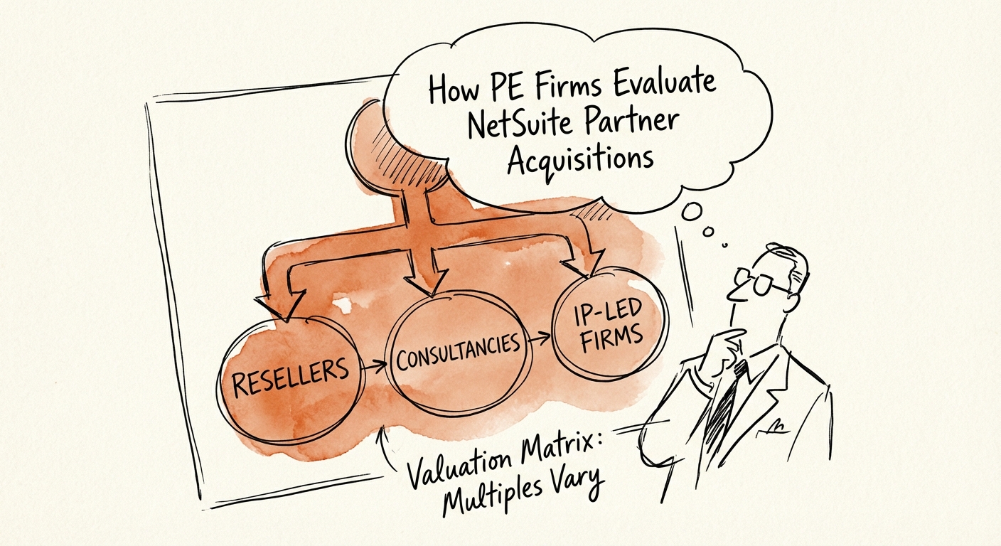 NetSuite Partner Valuation Matrix showing multiples for Resellers, Consultancies, and IP-led firms.