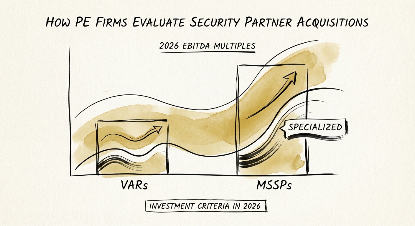 Chart comparing EBITDA multiples of Security VARs versus Specialized MSSPs in 2026.
