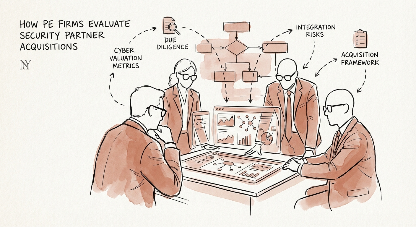 Private Equity due diligence team analyzing cybersecurity partner valuation metrics on a digital dashboard.