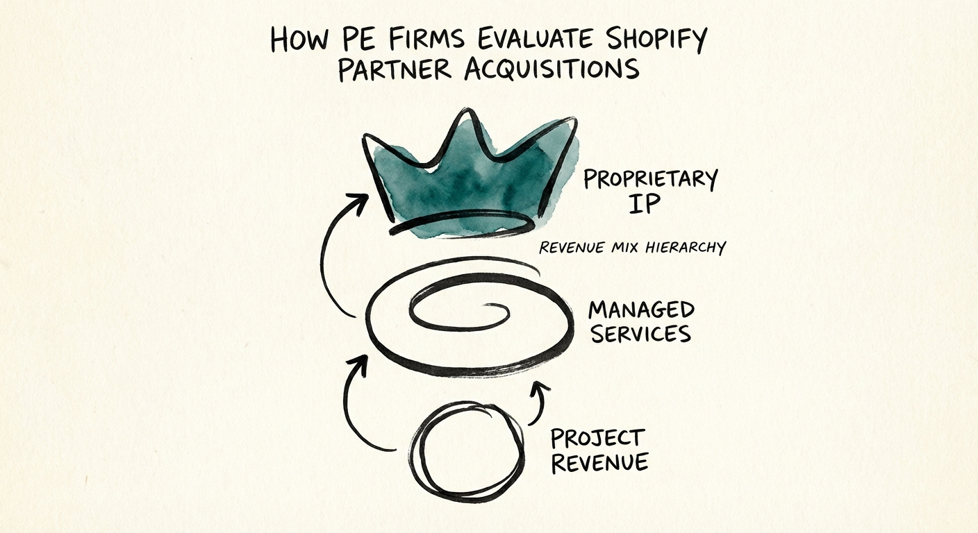 Diagram illustrating the revenue mix hierarchy: Project Revenue vs. Managed Services vs. Proprietary IP.