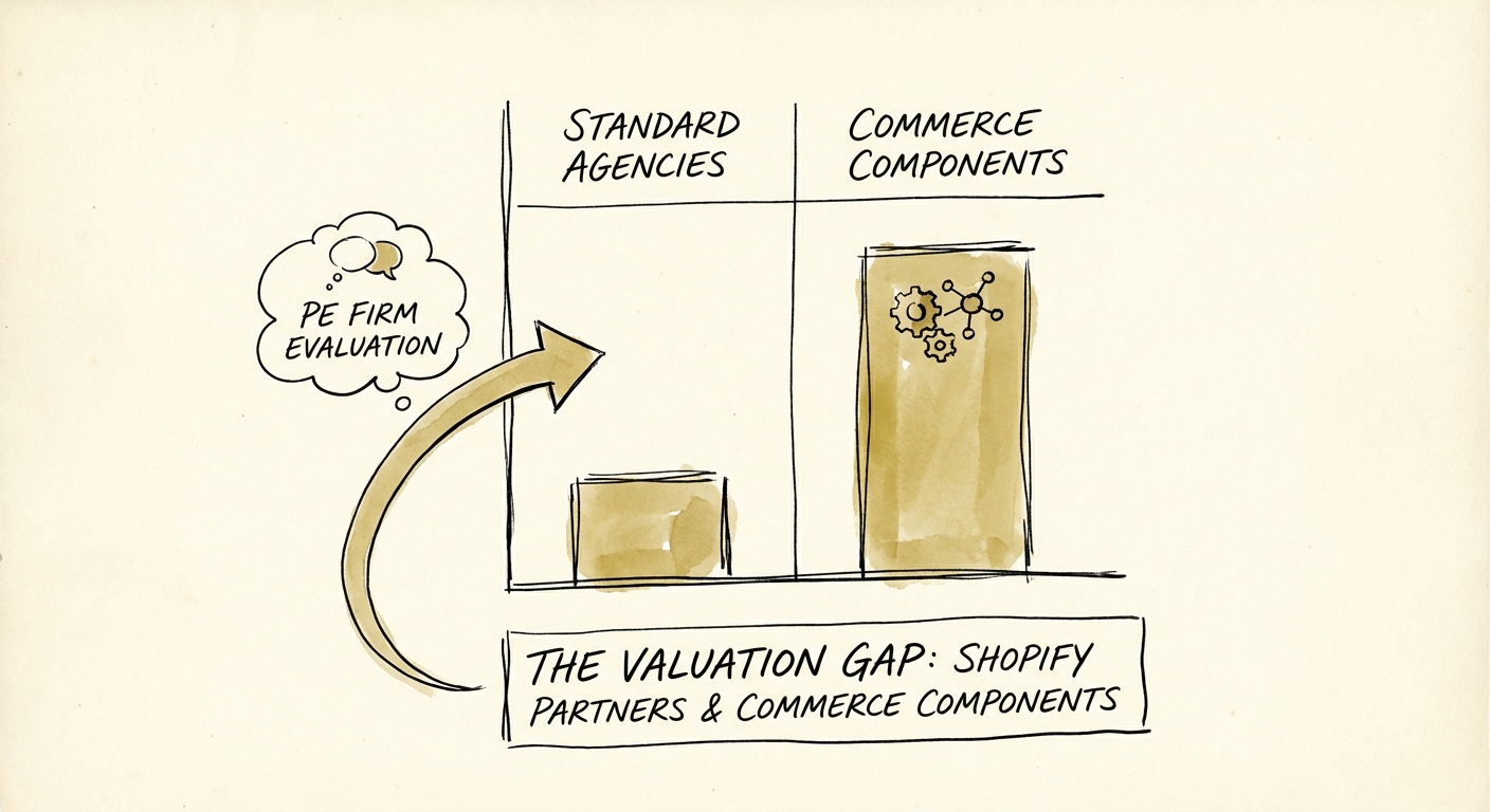 Chart showing the valuation multiple gap between standard Shopify agencies and Commerce Components specialized partners.