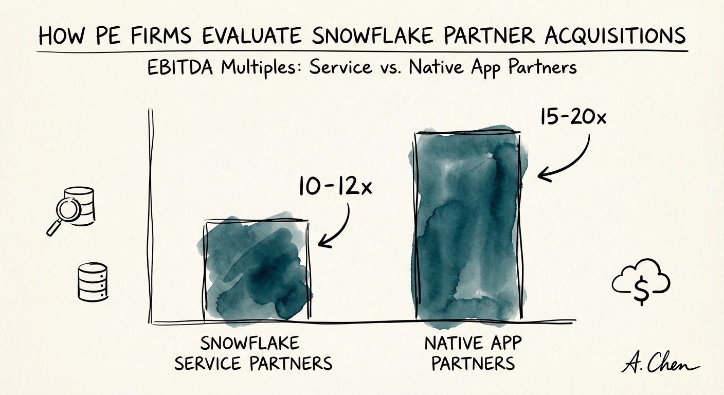 Chart comparing EBITDA multiples for Snowflake Service Partners vs Native App Partners.