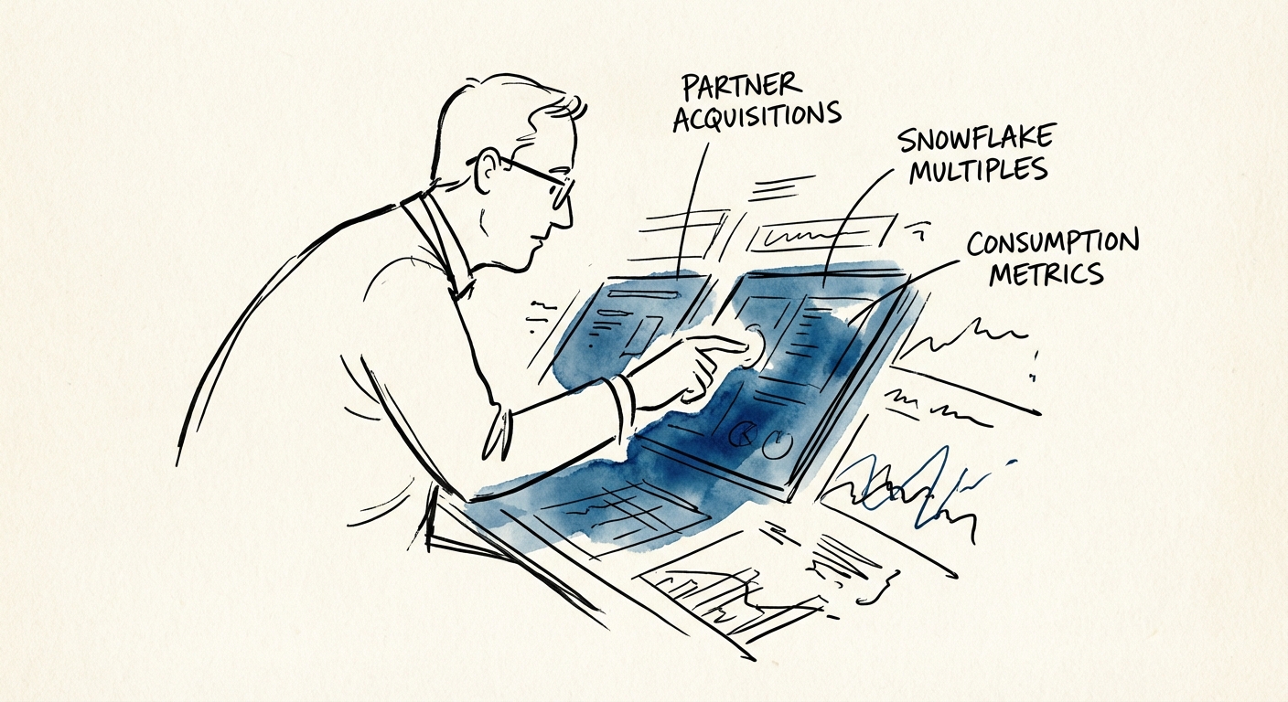 Private Equity executive analyzing Snowflake partner valuation multiples and consumption metrics on a digital dashboard.
